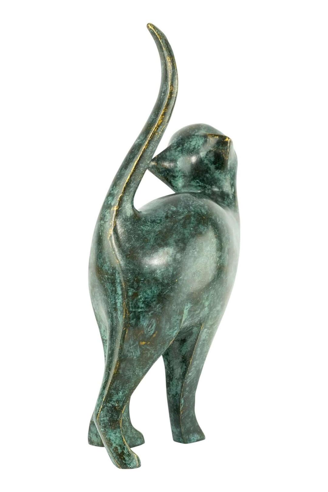 Bronze sculpture of an affectionate cat with lifted tail, showcasing warmth and curiosity, finished with green patina.