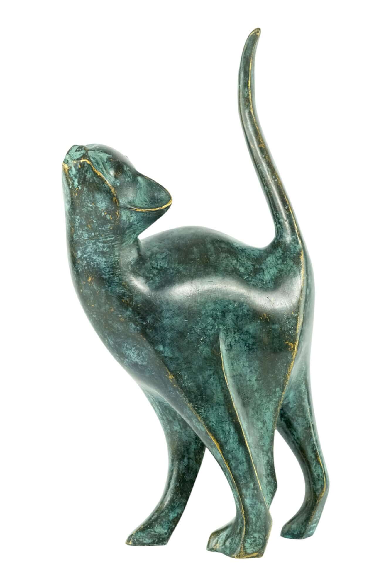 Bronze cat sculpture with a green patina, showcasing an affectionate pose, ideal for cat lovers' decor.