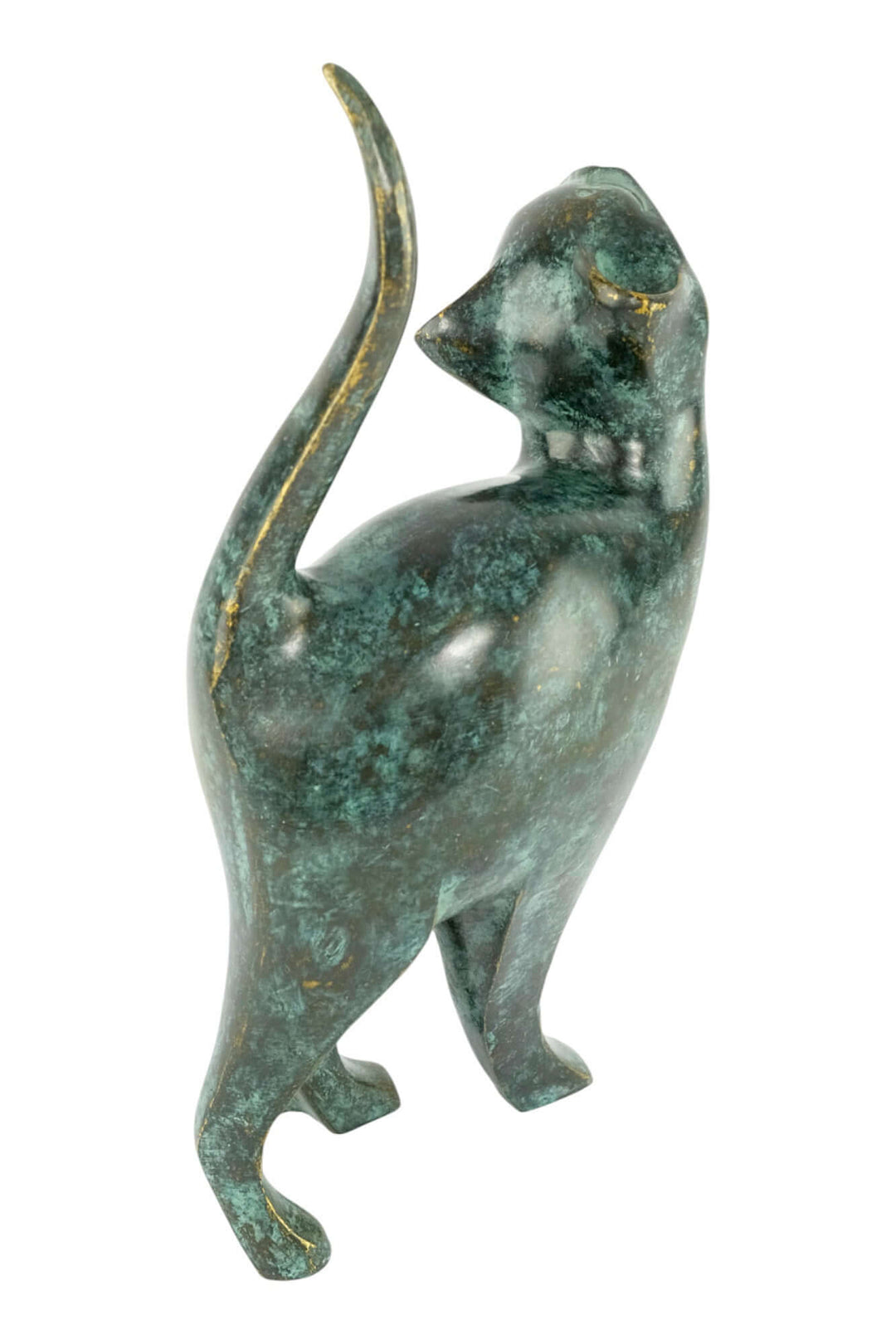 Bronze sculpture of a playful cat with lifted tail, featuring a green patina for indoor and outdoor display.