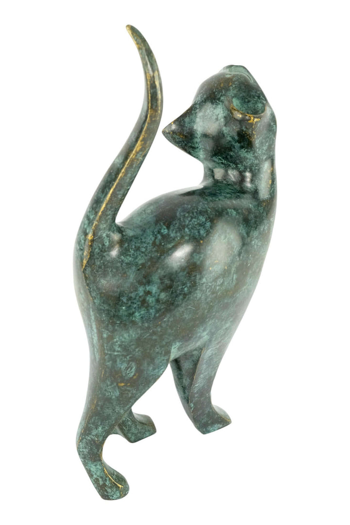 Bronze sculpture of a playful cat with lifted tail, featuring a green patina for indoor and outdoor display.
