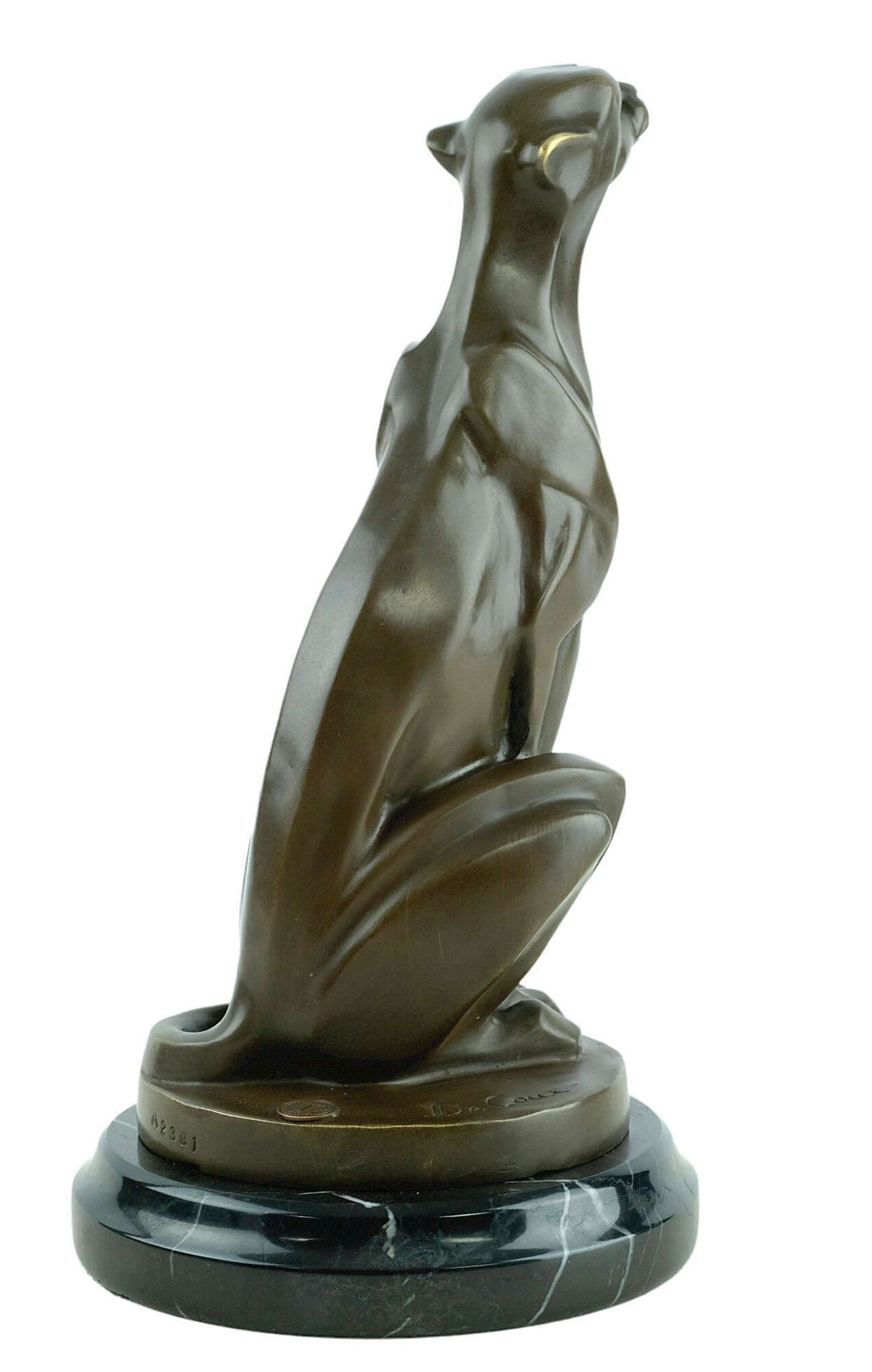 Bronze Art Deco sculpture of a sitting cheetah on a marble base, signed by Michel Decoux, height 30 cm.