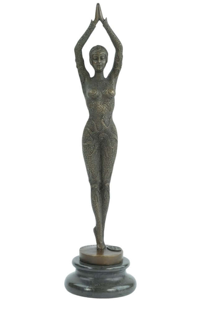 Bronze Art Deco sculpture of an Egyptian dancer in a graceful pose, featuring starfish decorations.