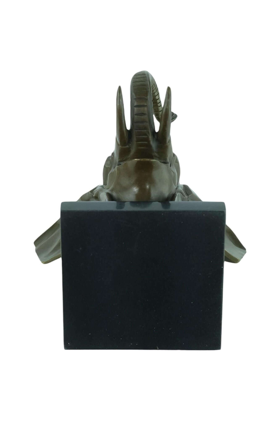 Bronze Art Deco elephant head sculpture on a marble base, intricate design with raised trunk and tusks.