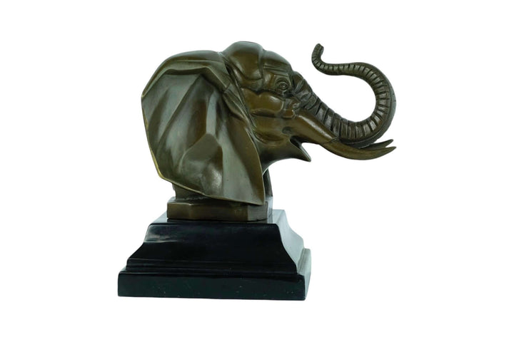 Art Deco bronze elephant head sculpture on marble base, featuring detailed tusks and trunk raised.