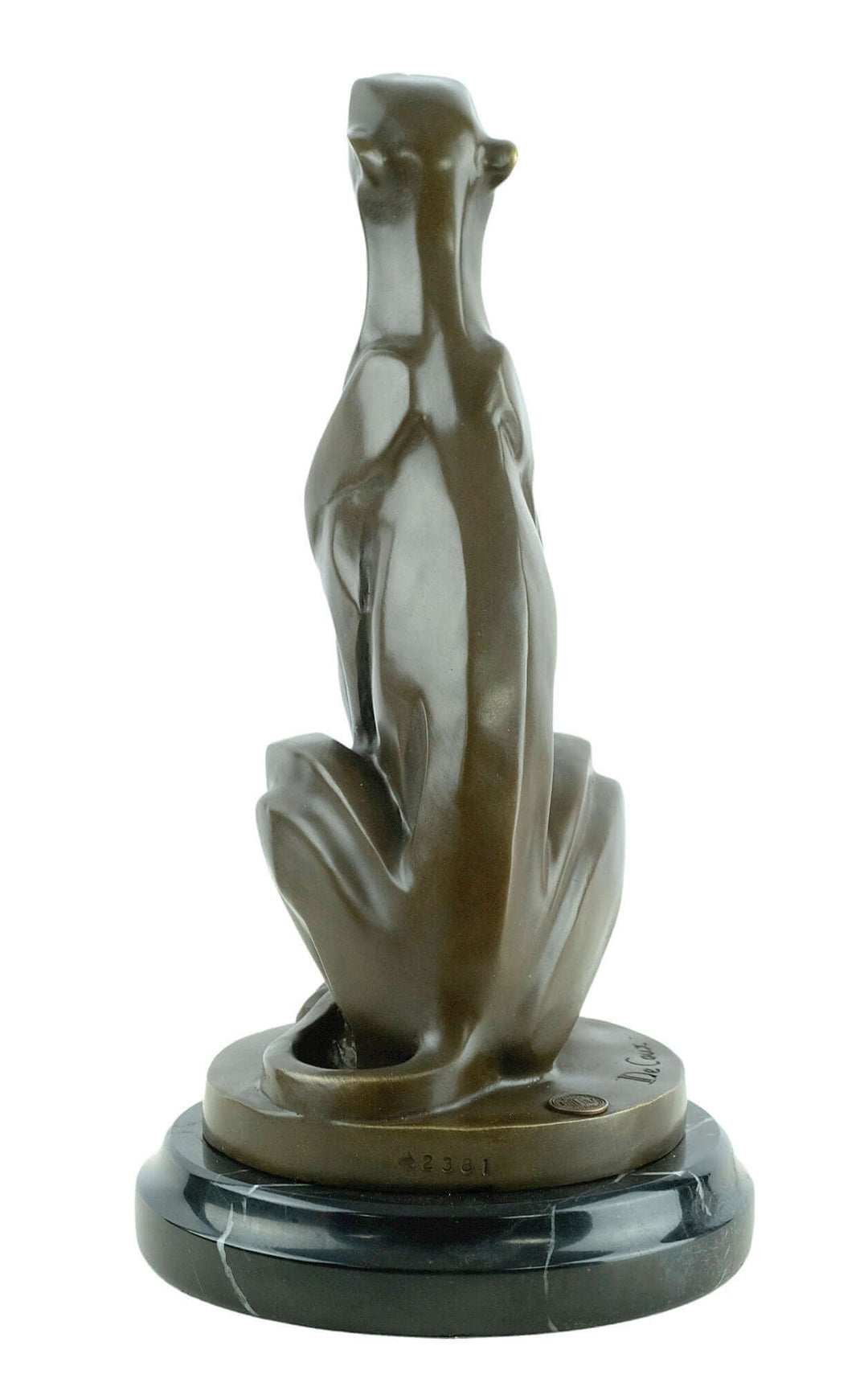 Art Deco bronze sculpture of a sitting cheetah, detailed design on marble base, signed 'Decoux', 30 cm tall.