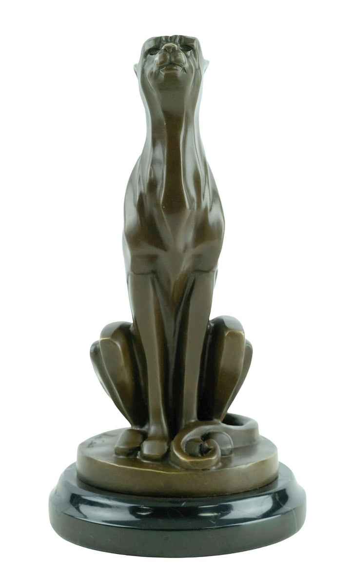 Bronze Art Deco sculpture of a sitting cheetah on a marble base, signed by Michel Decoux, height 30 cm.
