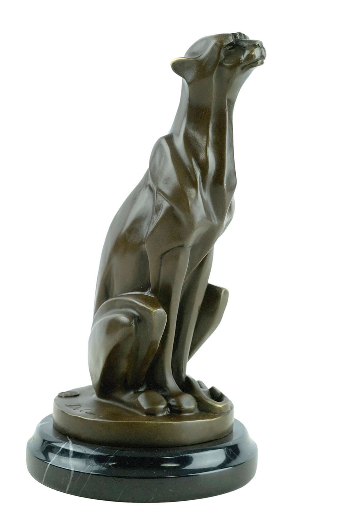 Art Deco bronze sculpture of sitting cheetah, signed 'Decoux', mounted on marble base, 30 cm tall.