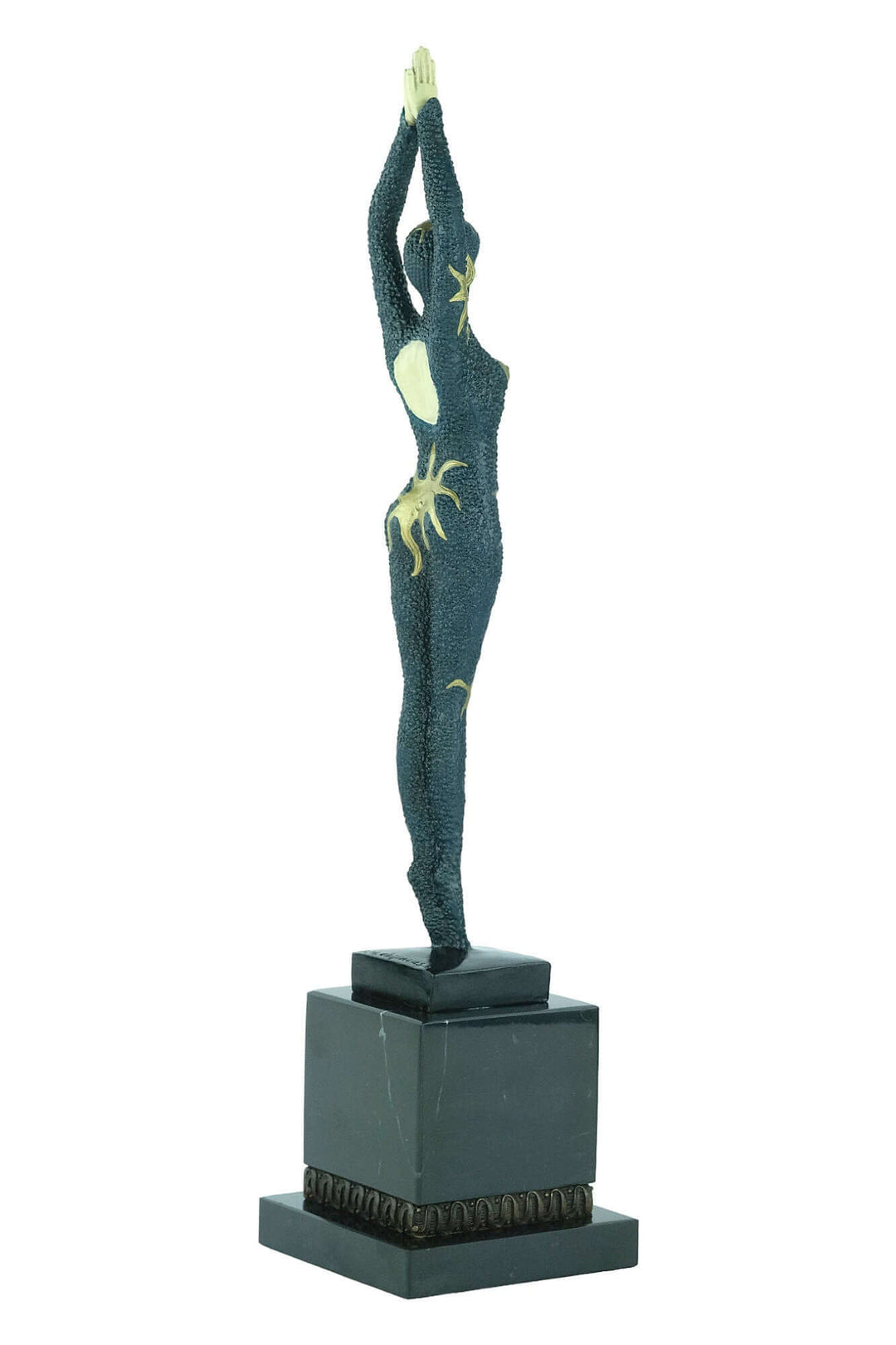 Bronze Art Deco sculpture of a starfish dancer in tiptoe pose, inspired by Demetre Chiparus, on a pedestal.
