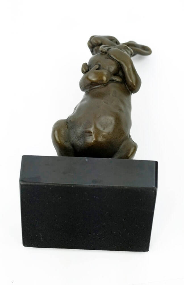 Bronze bunny statue with a young, beautifully crafted art sculpture on a marble base, 17 cm tall.