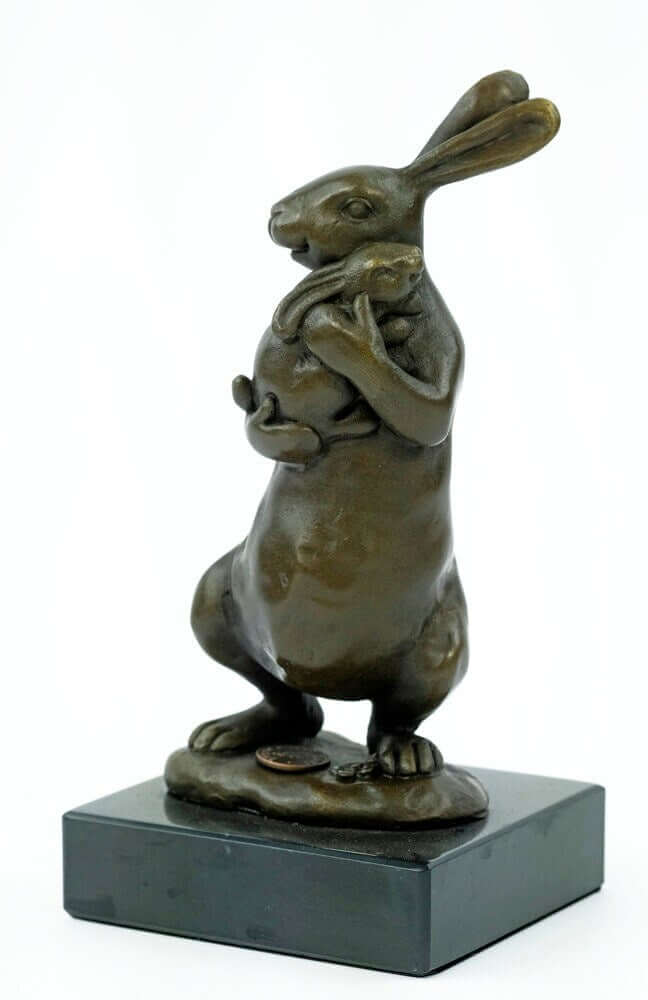 Bronze bunny statue holding a young figurine, 17 cm tall, mounted on a marble base, perfect for animal art lovers.