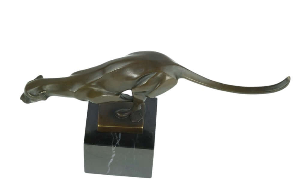 Bronze sculpture of a cheetah in motion, mounted on a square marble base, elegant design for home or office decor.