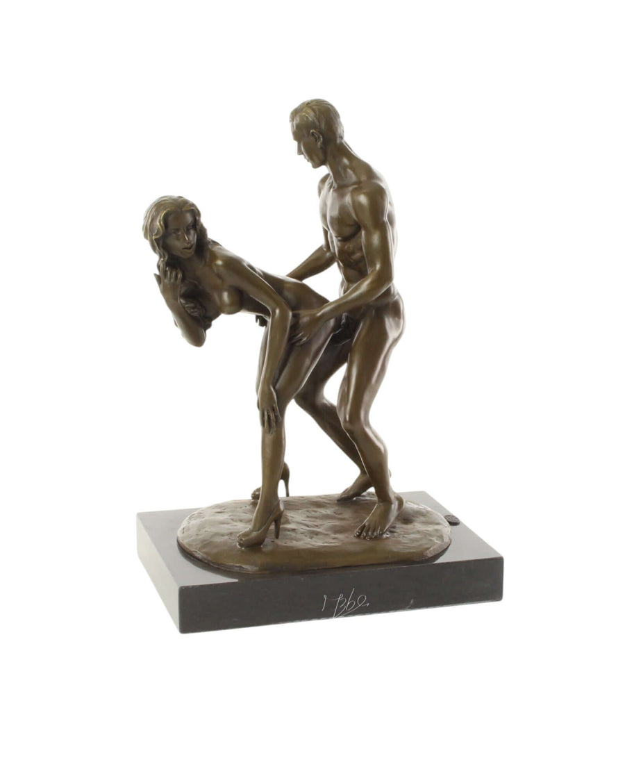 Bronze sculpture of a couple making love from behind, detailed and mounted on a marble base, 30cm tall.