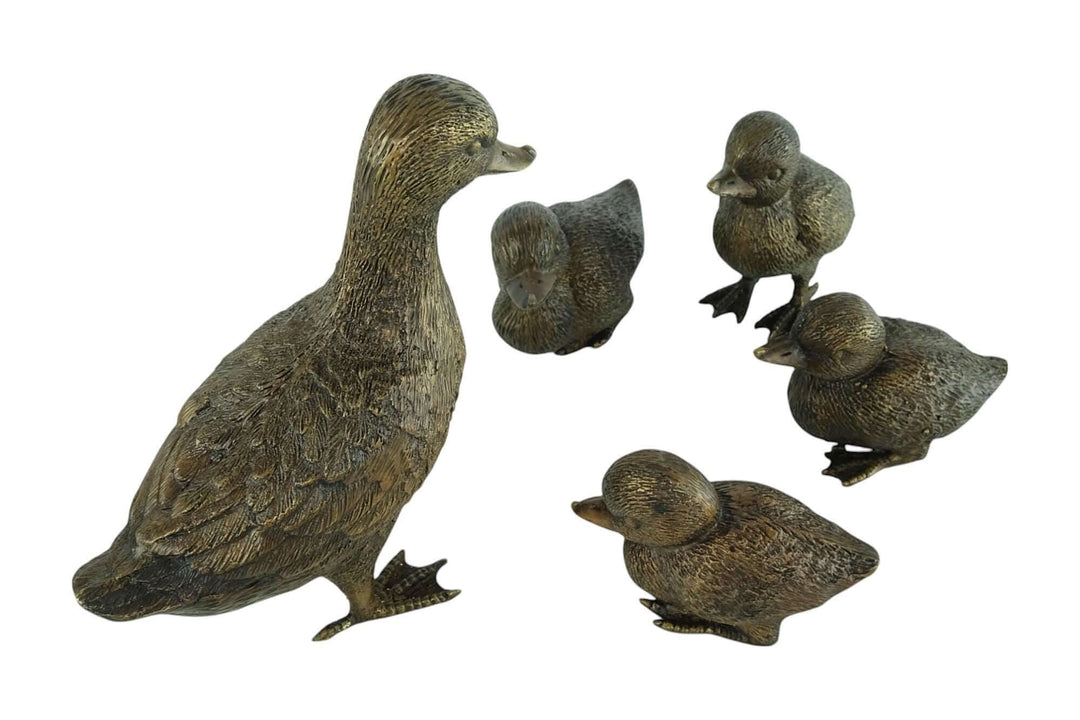 Bronze duck sculpture set with four ducklings, showcasing a patina finish, perfect for home or garden décor.