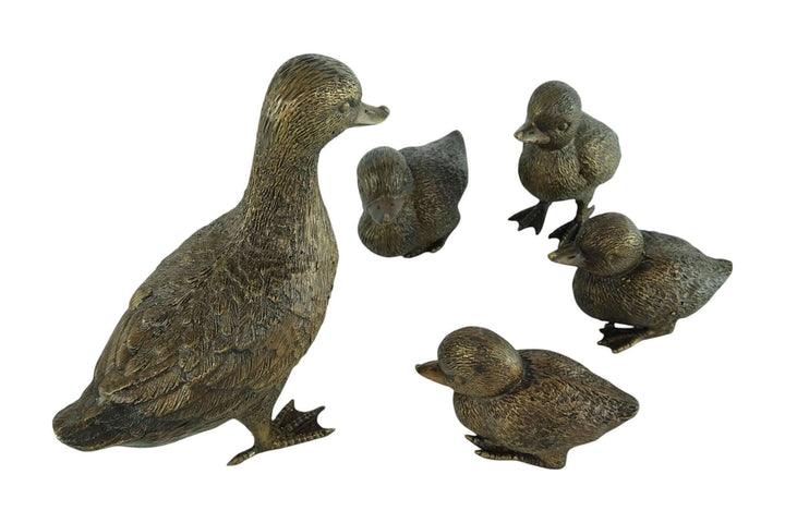 Bronze duck sculpture set with four ducklings, showcasing a patina finish, perfect for home or garden décor.
