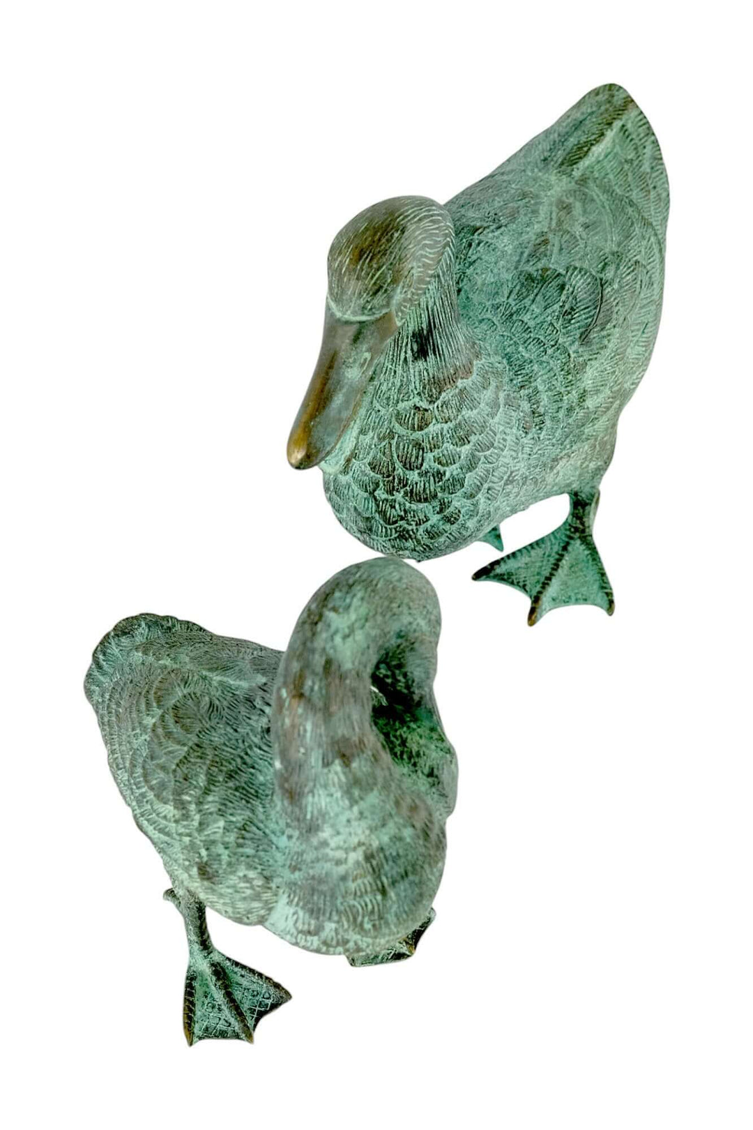 Pair of bronze duck sculptures for garden decor, one as a fountain and the other cleaning its feathers.