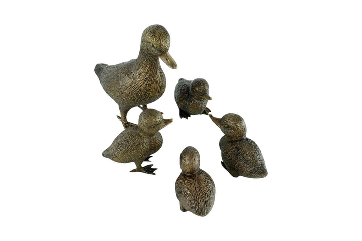 Bronze duck sculpture set with ducklings, displaying a nature-inspired design for home or garden decor.
