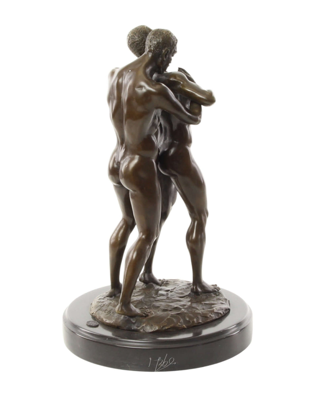 Bronze sculpture of an embracing nude male couple on marble base, showcasing love and intimacy. 32 x 19 cm.
