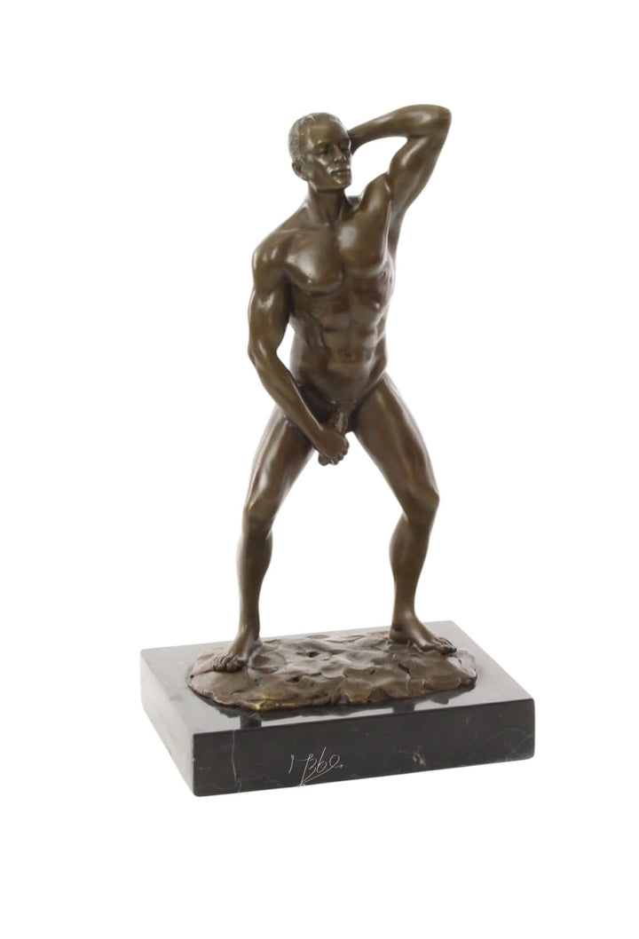 Bronze sculpture of a muscular male nude, confidently posed, mounted on a marble base, 30x12x17 cm.