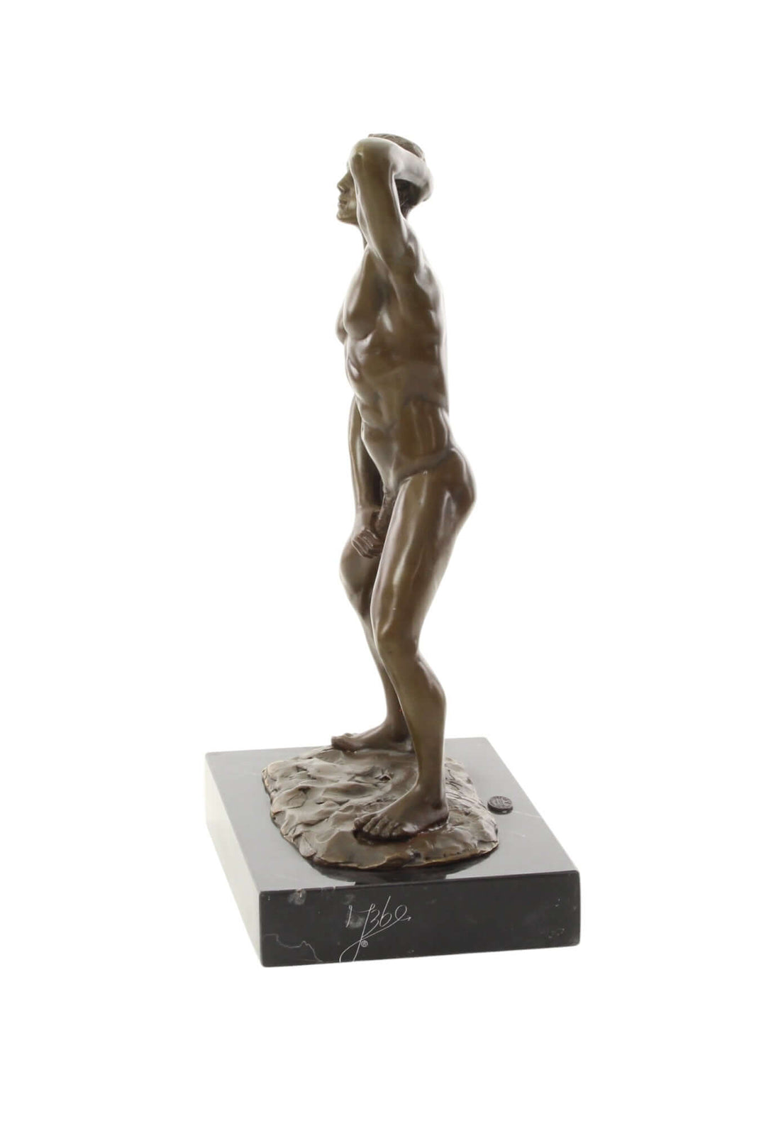 Bronze sculpture of a muscular male figure confidently posing with hand behind head, mounted on marble base.