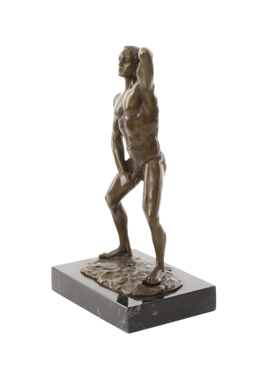 Bronze sculpture of a muscular male figure confidently posing on a marble base, dimensions 30 x 12 x 17 cm.