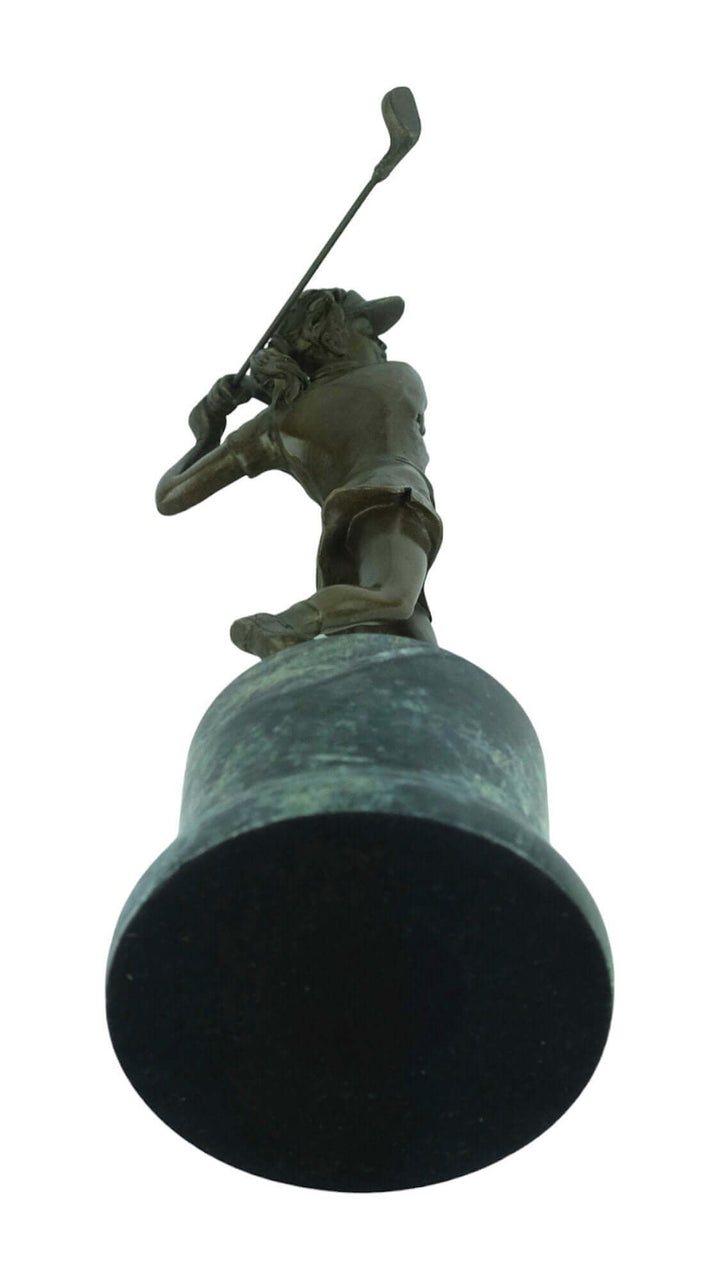 Bronze sculpture of a female golfer in full swing atop a round green veined marble base, signed 'Milo'.