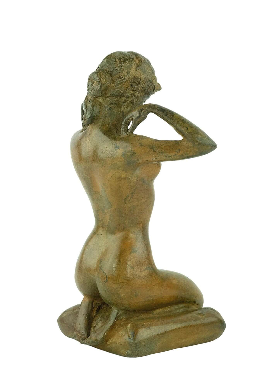 Bronze female nude sculpture by Pierre Chenet, depicting a woman kneeling while putting on a necklace. Vintage art piece.