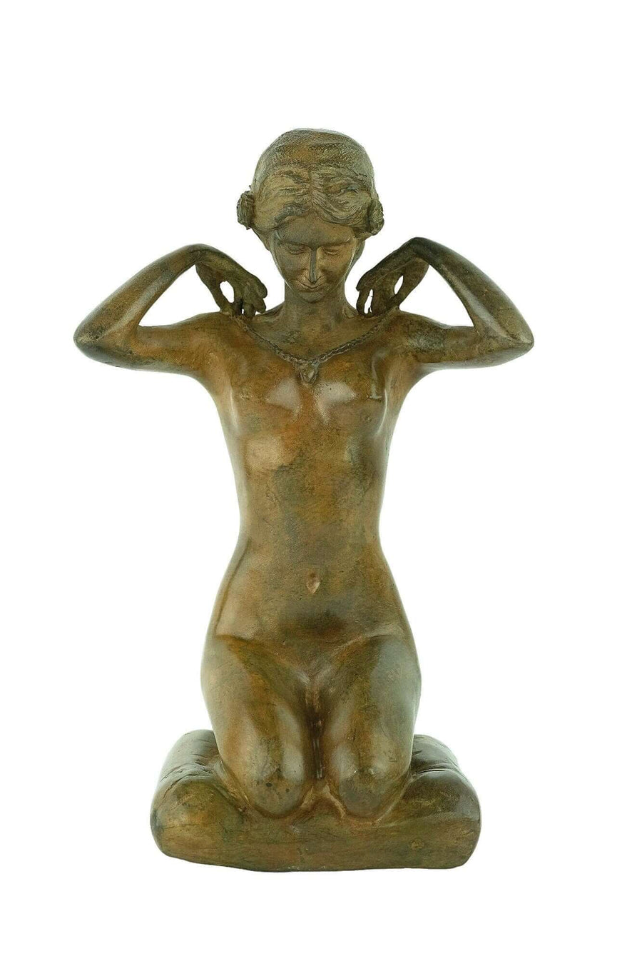 Bronze female nude statue by Pierre Chenet, depicting a woman kneeling and putting on a necklace.