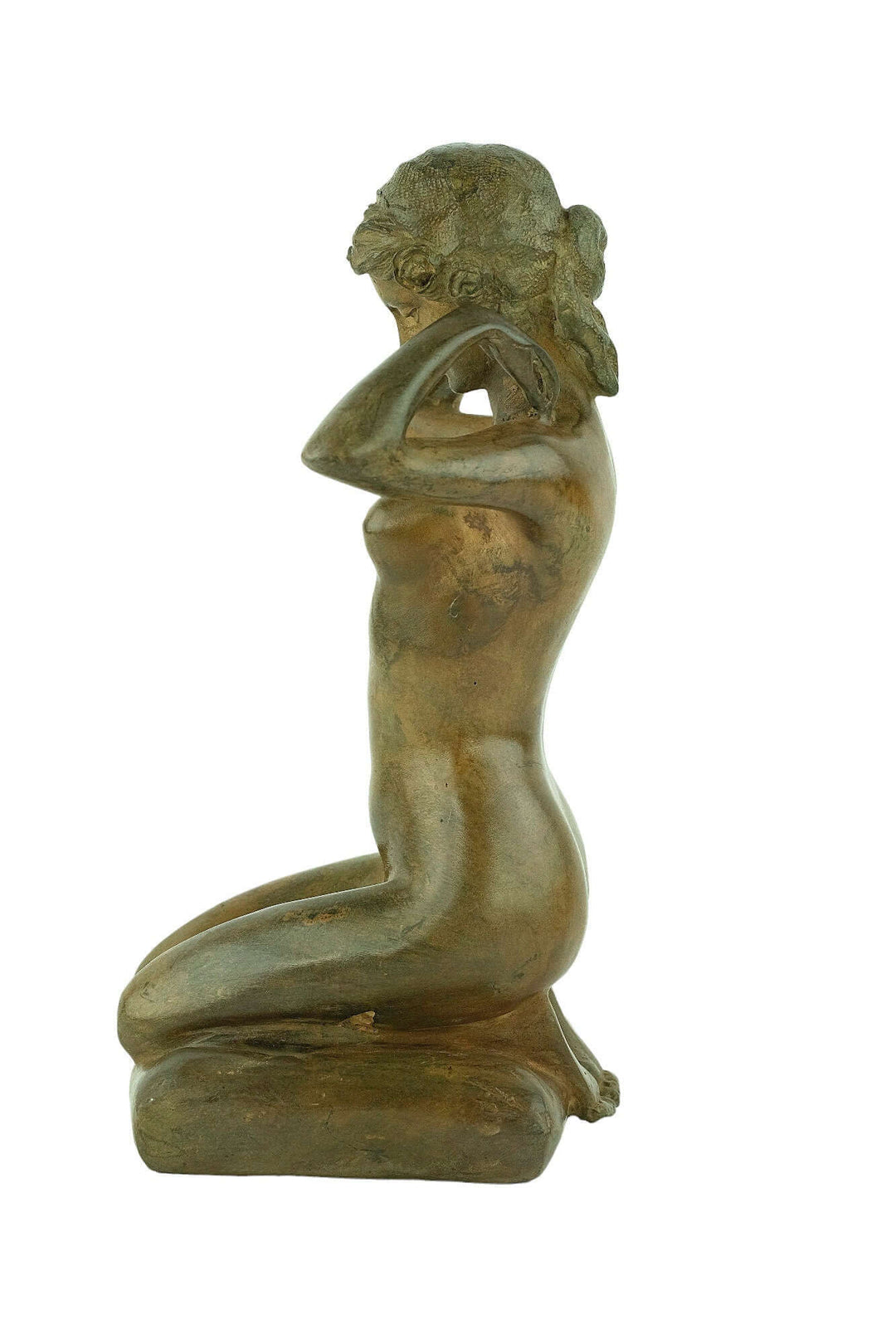 Bronze sculpture of a nude female kneeling and putting on a necklace, signed by P. Chenet, 28 cm, vintage art piece.