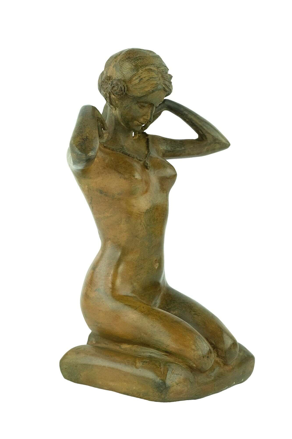 Bronze female nude sculpture by Pierre Chenet, kneeling and putting on a necklace, vintage art piece.