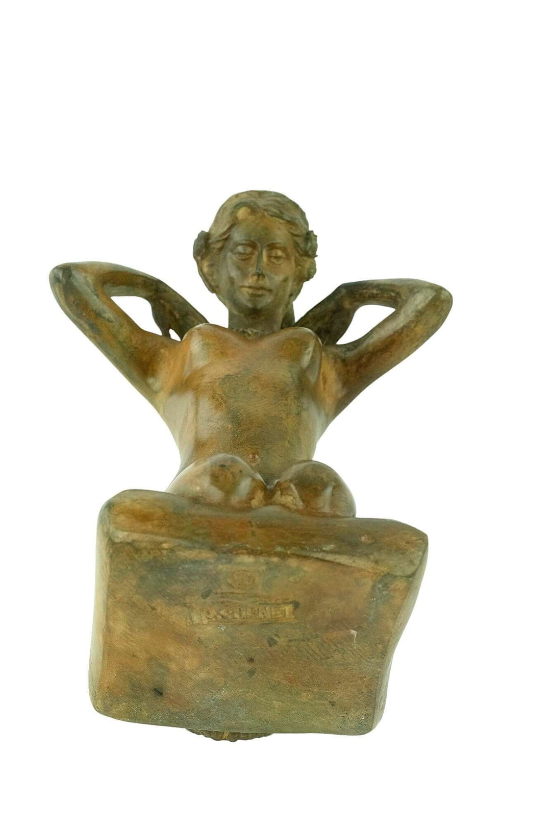 Bronze female nude sculpture by Pierre Chenet, depicting a young woman kneeling with arms raised, elegant art piece.