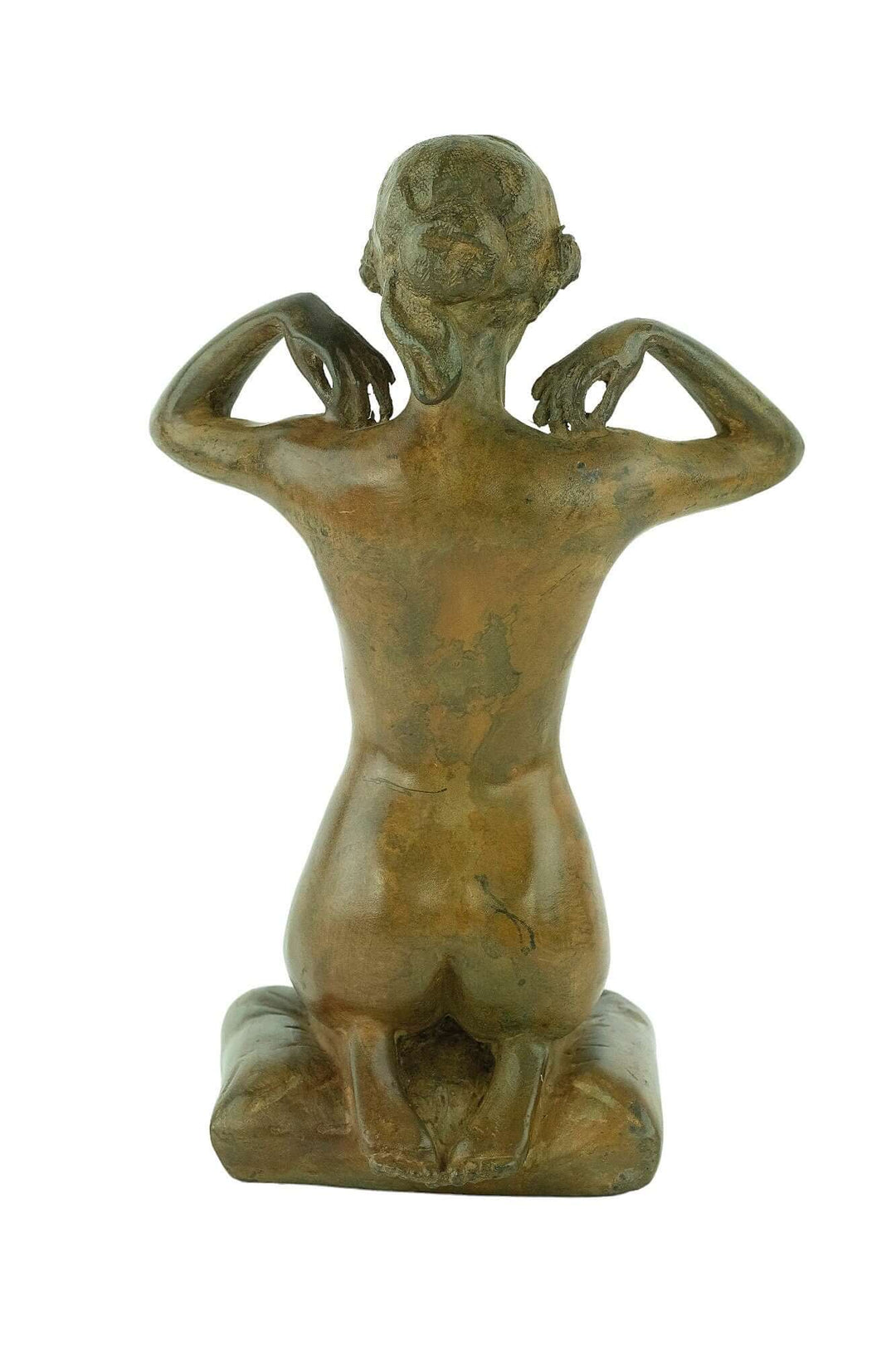 Vintage bronze sculpture of a kneeling female nude, putting on a necklace, by Pierre Chenet, France.