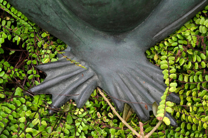 Close-up of a bronze frog sculpture's foot surrounded by green foliage, showcasing its unique texture and patina.