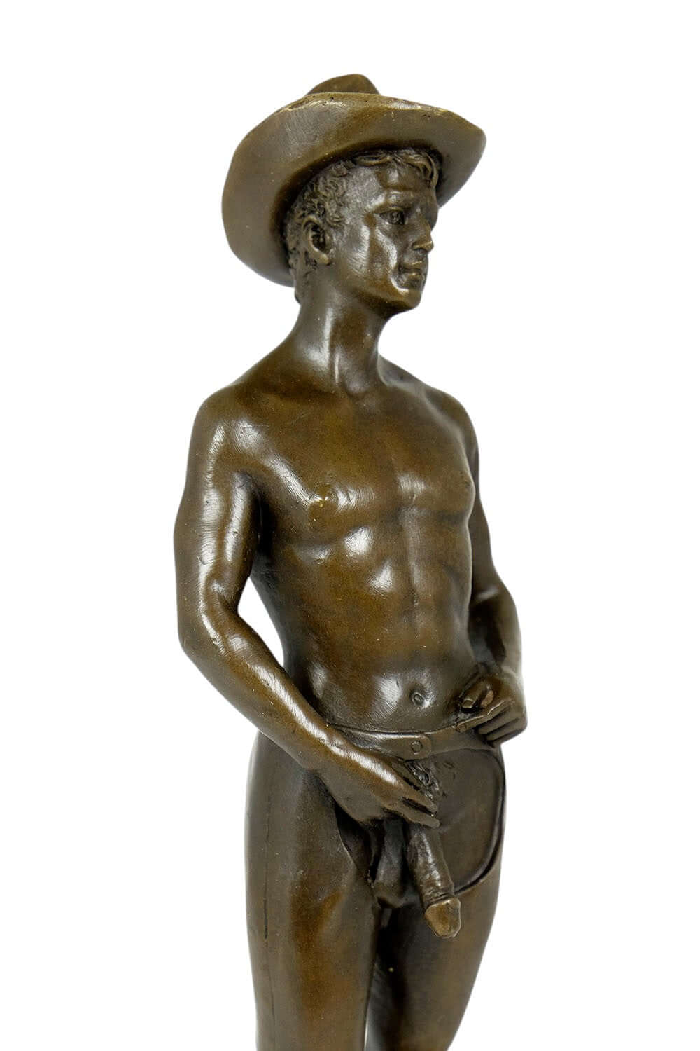 Bronze sculpture of a gay cowboy in a confident pose, showcasing erotic male art with fine details.