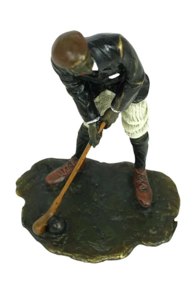Vintage golfer bronze sculpture in Vienna bronze style, cold painted in soft pastel colors, collectible figurine.