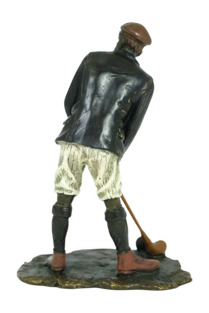 Bronze sculpture of a vintage golfer in Vienna style, showcasing detailed craftsmanship and soft pastel colors.
