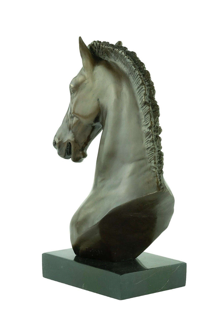 Bronze horse head sculpture by Turner, detailed design with warm brown patina, dimensions 33 x 18 cm.