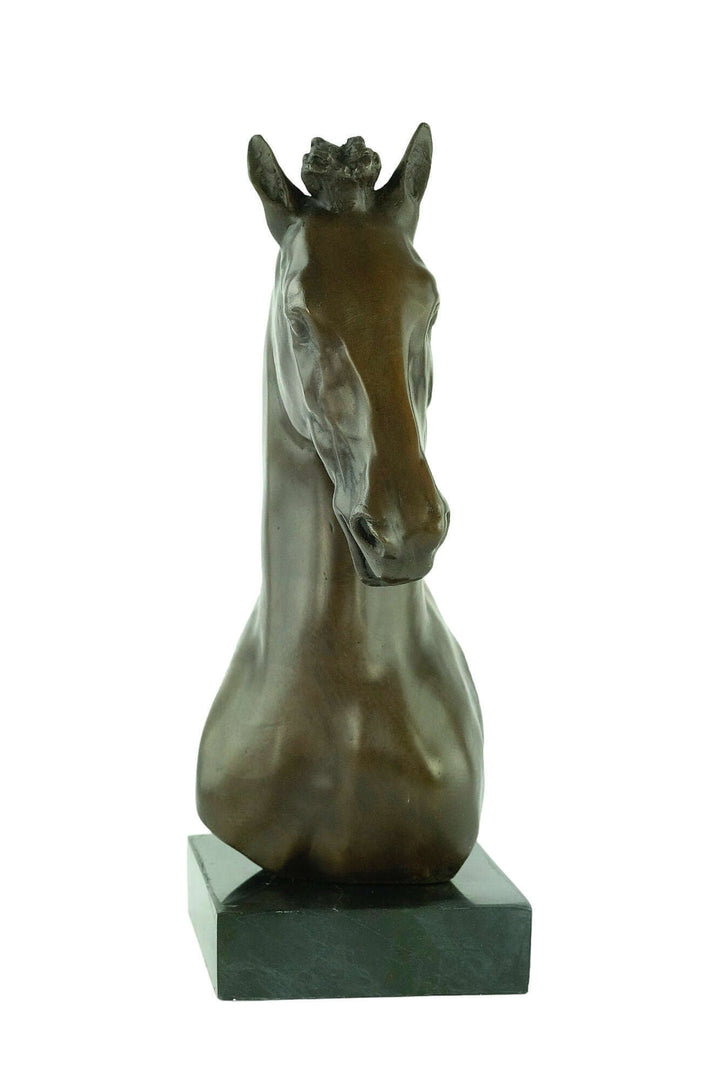 Bronze horse head sculpture with detailed design and warm patina, 33 x 18 cm, signed 'Turner', eye-catching decor.