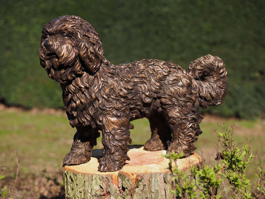 Bronze labradoodle sculpture with intricate detail, showcasing curly coat and playful stance, suitable for display.