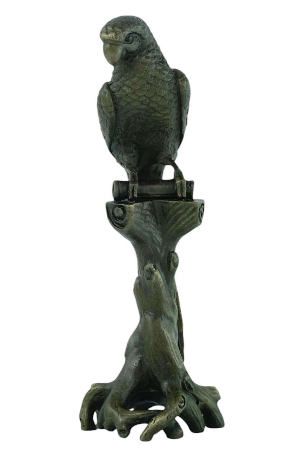 Bronze sculpture of a macaw perched on a detailed tree trunk, featuring a warm patina finish, 18 cm tall.