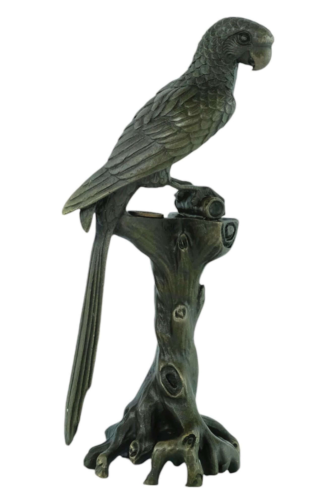 Bronze sculpture of a macaw perched on a tree trunk. Detailed design with warm patina, 18 cm tall.