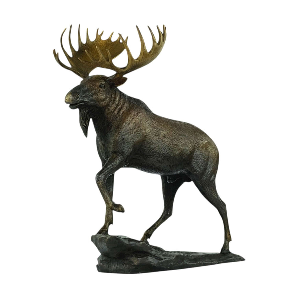 Bronze moose sculpture standing on a rock, detailed design, suitable for indoor and outdoor display, 26 x 15 x 30 cm.