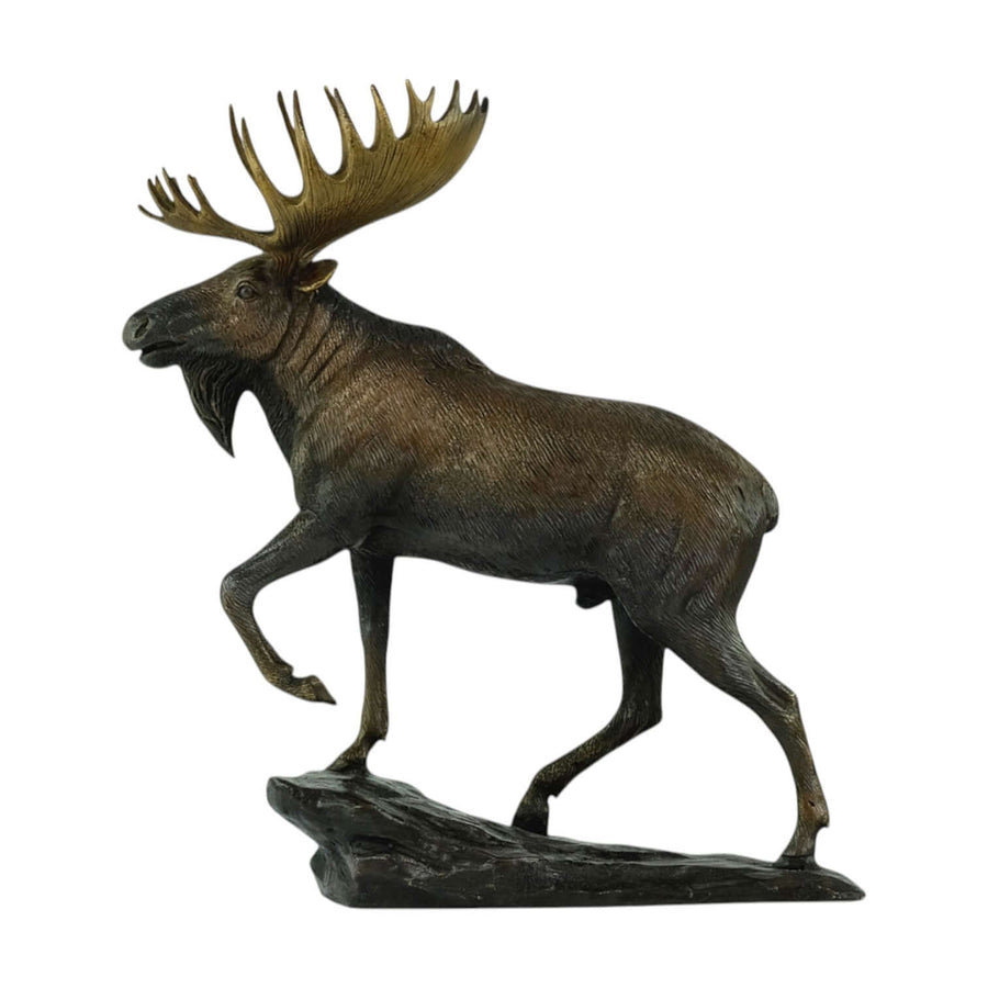 Bronze moose sculpture standing on a rock, detailed wildlife decor for indoor or outdoor display.