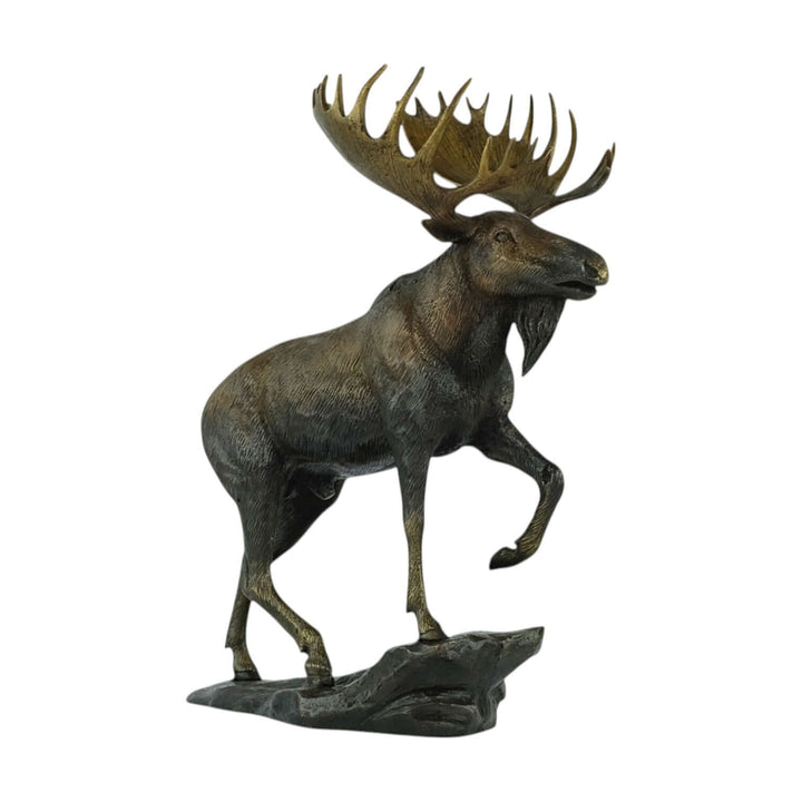 Lifelike bronze moose sculpture on rock, beautifully detailed, perfect for indoor or outdoor decor.
