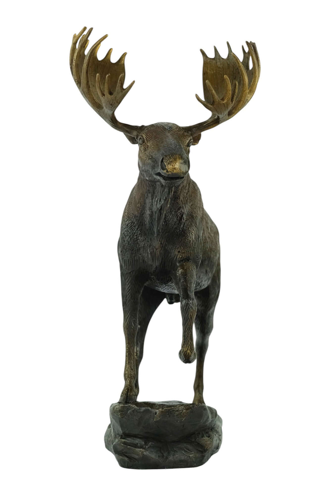 Bronze moose sculpture standing on a rock, detailed design, 26 x 15 x 30 cm, ideal for indoor or outdoor display.