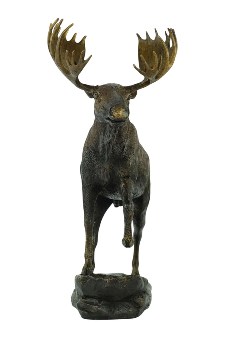 Bronze moose sculpture standing on a rock, detailed design, 26 x 15 x 30 cm, ideal for indoor or outdoor display.