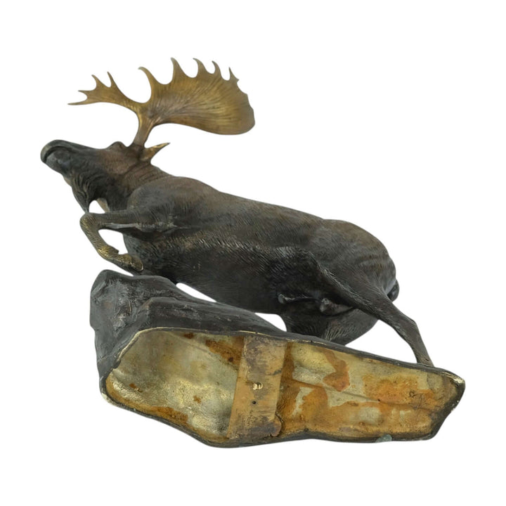 Bronze moose sculpture on rock, detailed wildlife art for indoor or outdoor decor, 26 x 15 x 30 cm.