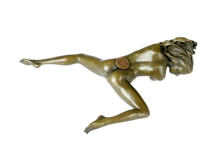 Bronze sculpture of a nude female figure in a dynamic pose, showcasing detailed artistry and craftsmanship.