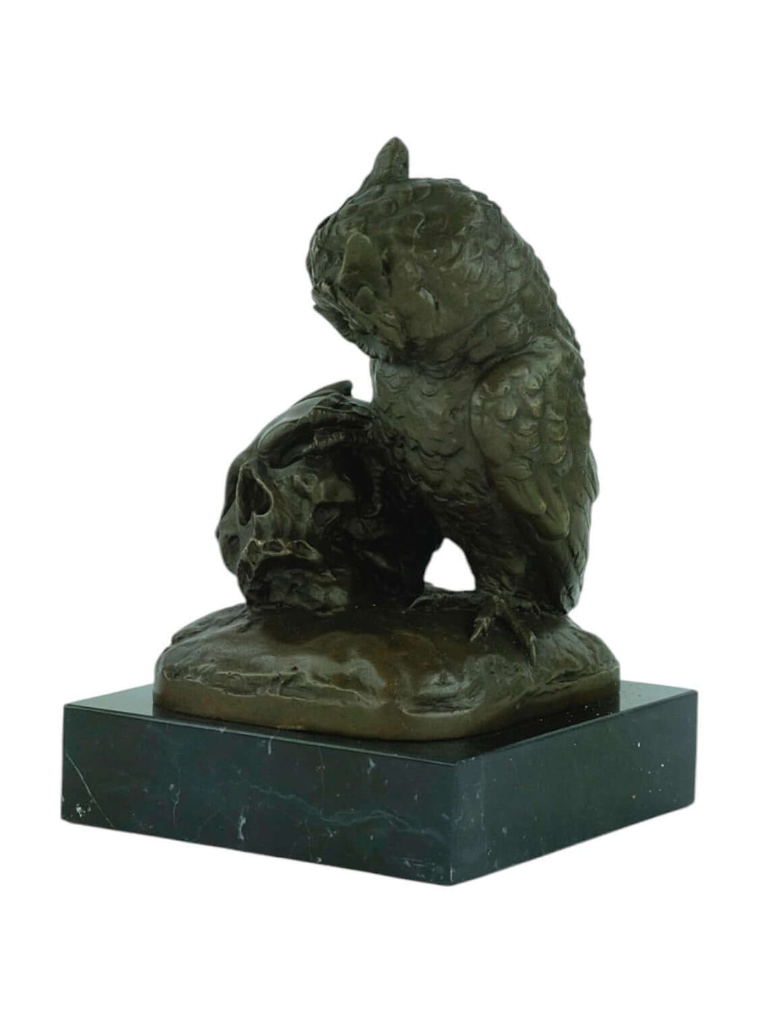 Bronze sculpture of an owl beside a crowned skull, detailed artistry on marble base, signed by J.B. Clesinger.