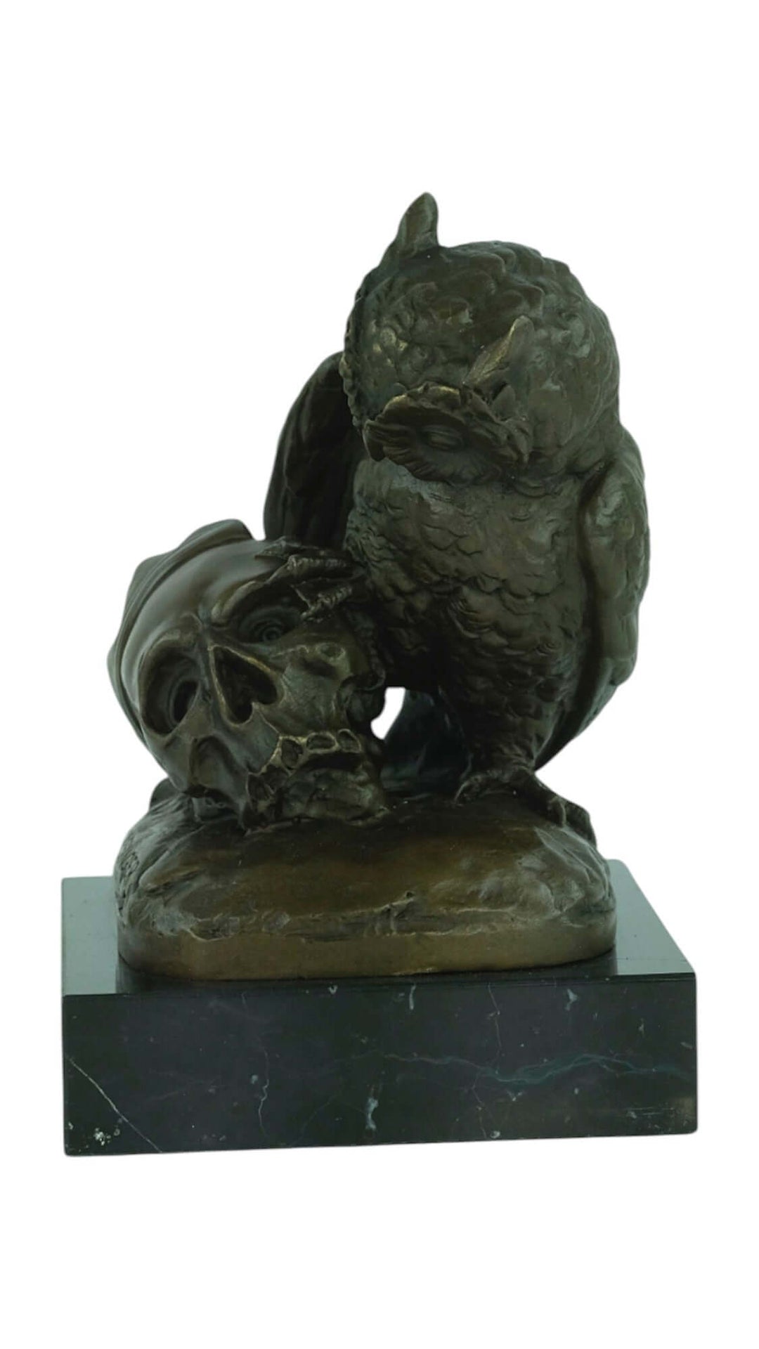 Detailed bronze sculpture of an owl next to a crowned skull, mounted on a marble base, signed by J.B. Clesinger.