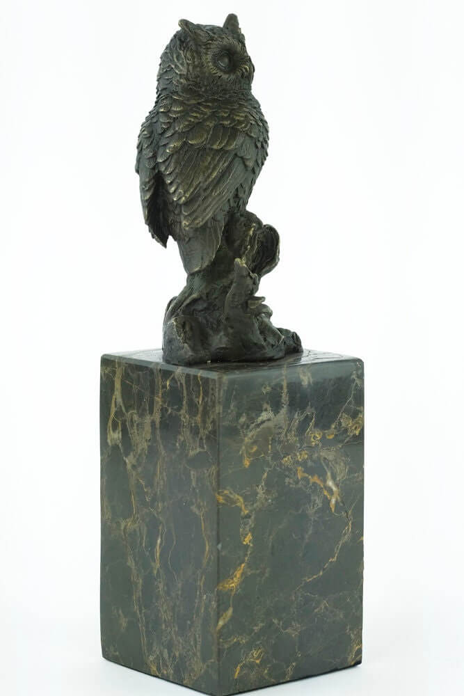 Bronze owl sculpture by Milo on flamed marble base, showcasing fine details and decorative art.